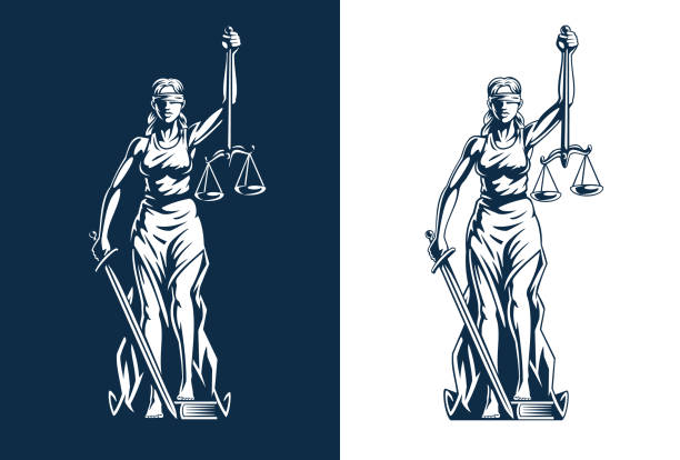 Themis goddess sculpture isolated on white background. Lady justice with scales and sword in hands. Judiciary symbol. Vector illustration.