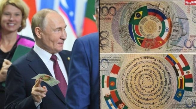 Sebuah gambar memperlihatkan Presiden Rusia, Vladimir Putin, yang tampak memegang selembar uang yang diduga sebagai mata uang BRICS (Suara.com).